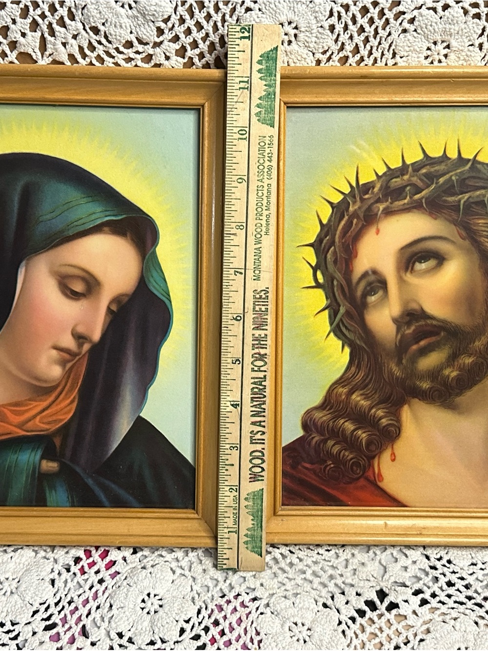 Vintage Religious Portrait Pair - Jesus Crown of Thorns & Mary Sorrowful Mother